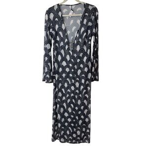 Trina Turk Arches Mesh Maxi Dress Swim Cover Navy White V-Neck Ring Medium